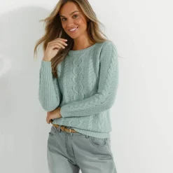 Pull col rond, maille torsadée