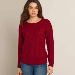 Pull col rond, maille torsadée