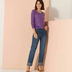Pull col rond uni, manches longues, toucher doux