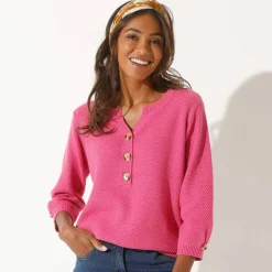 Pull col tunisien manches 3/4, maille fantaisie