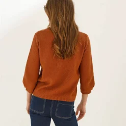 Pull col tunisien manches 3/4, maille fantaisie