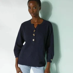 Pull col tunisien manches 3/4, maille fantaisie