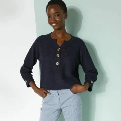 Pull col tunisien manches 3/4, maille fantaisie