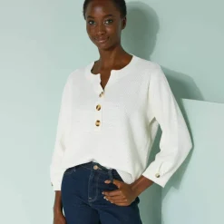 Pull col tunisien manches 3/4, maille fantaisie