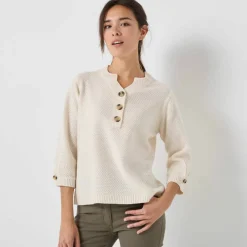 Pull col tunisien manches 3/4, maille fantaisie