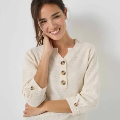 Pull col tunisien manches 3/4, maille fantaisie