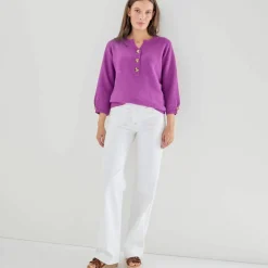 Pull col tunisien manches 3/4, maille fantaisie
