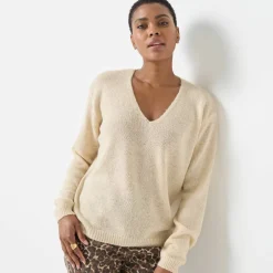 Pull col V manches longues, laine et mohair mélangés