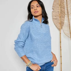 Pull col zippé, maille anglaise