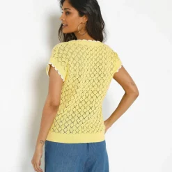 Pull en crochet festonné col V, manches courtes