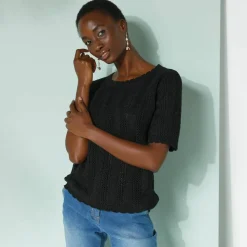 Pull festonné col rond manches coudes, maille ajourée fantaisie