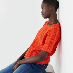 Pull festonné col rond manches coudes, maille ajourée fantaisie