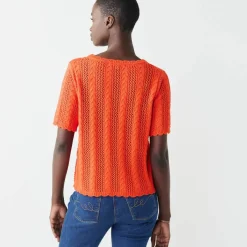 Pull festonné col rond manches coudes, maille ajourée fantaisie