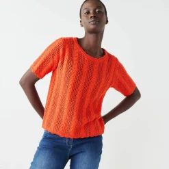 Pull festonné col rond manches coudes, maille ajourée fantaisie