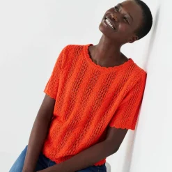 Pull festonné col rond manches coudes, maille ajourée fantaisie