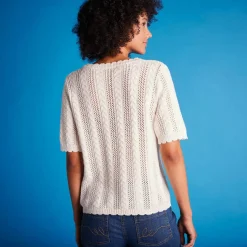 Pull festonné col rond manches coudes, maille ajourée fantaisie