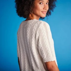 Pull festonné col rond manches coudes, maille ajourée fantaisie
