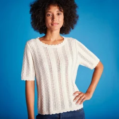 Pull festonné col rond manches coudes, maille ajourée fantaisie