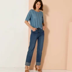 Pull festonné col rond manches coudes, maille ajourée fantaisie