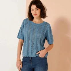Pull festonné col rond manches coudes, maille ajourée fantaisie
