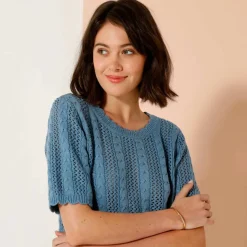 Pull festonné col rond manches coudes, maille ajourée fantaisie