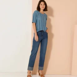 Pull festonné col rond manches coudes, maille ajourée fantaisie