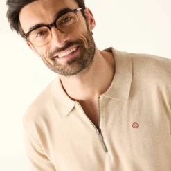 Pull fin col polo zippé broderie poitrine