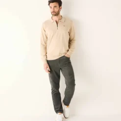 Pull fin col polo zippé broderie poitrine