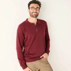 Pull fin col polo zippé broderie poitrine