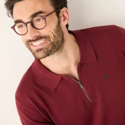 Pull fin col polo zippé broderie poitrine