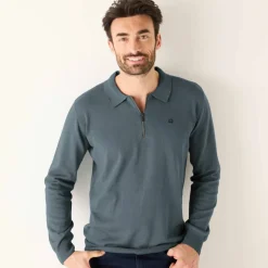 Pull fin col polo zippé broderie poitrine