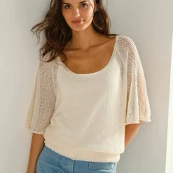 Pull loose manches coude, maille fantaisie