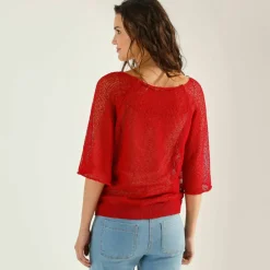 Pull loose manches coude, maille fantaisie