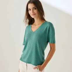 Pull manches courtes maille ajourée effet chevron