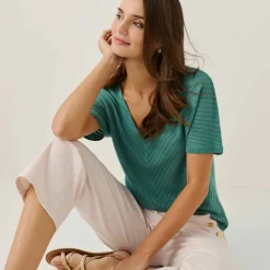 Pull manches courtes maille ajourée effet chevron