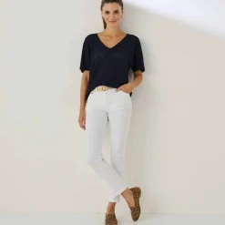 Pull manches courtes maille ajourée effet chevron