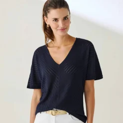 Pull manches courtes maille ajourée effet chevron