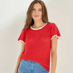 Pull manches courtes, maille fantaisie