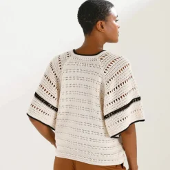 Pull manches courtes papillons, maille fantaisie