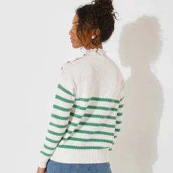 Pull rayé, col broderie anglaise