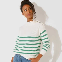 Pull rayé, col broderie anglaise