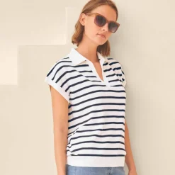 Pull rayé col polo, coton mélangé