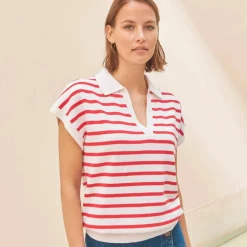 Pull rayé col polo, coton mélangé