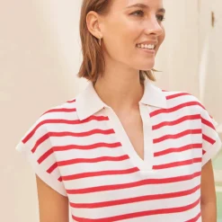 Pull rayé col polo, coton mélangé