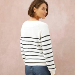 Pull rayé col tunisien boutonné