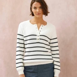 Pull rayé col tunisien boutonné