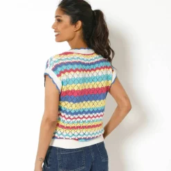 Pull rayé en crochet festonné col V, manches courtes