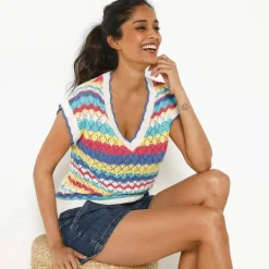 Pull rayé en crochet festonné col V, manches courtes