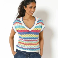 Pull rayé en crochet festonné col V, manches courtes