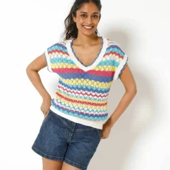 Pull rayé en crochet festonné col V, manches courtes